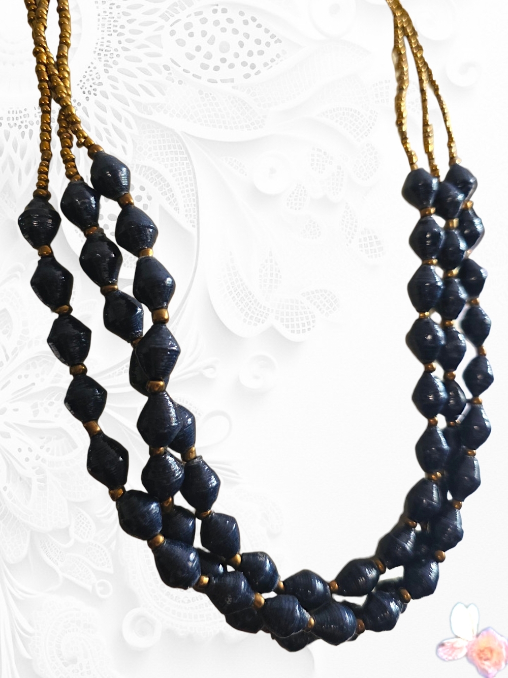 Teng Yue Long Triple Strand Necklace Navy Paper Bead Gold Accent Statement